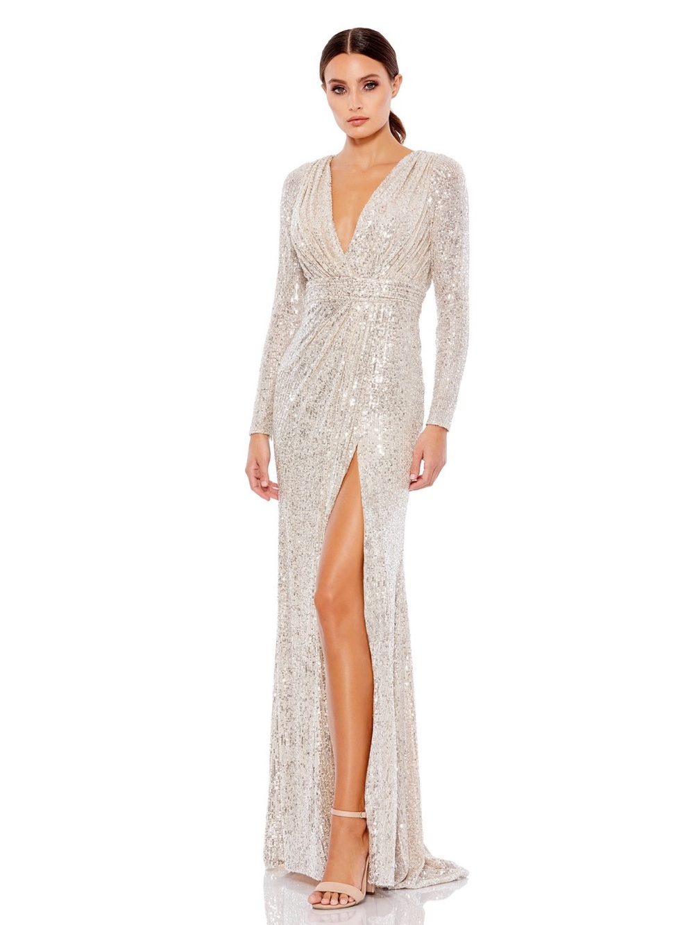 Mac Duggal | Long Silver Sequined V-Neck Mother of Bride Evening Formal Gown 16